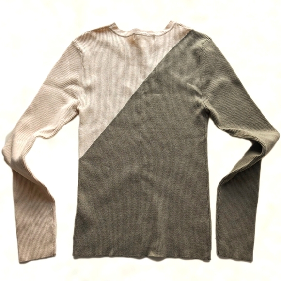 Idem Ditto Colorblock Ribbed Slit Neck Detail Sweater Olive Beige -sz M - Picture 4 of 9